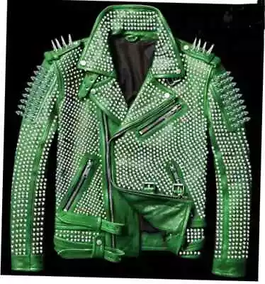 Men's Green Full Silver Studded Spiked Genuine Punk Leather Belted Jacket Custom • $265