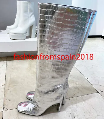 $109.88 • Buy Zara New Woman Croc Animal Printed Laminated Heeled Boots Silver 35-41 3004/010
