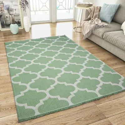 Cotton Green Rug Flat Weave Washable Moroccan Trellis Large XL Small Area Carpet • £59.99