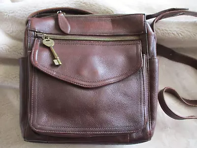 Vintage Fossil Brown Leather Crossbody Satchel Organizer Pebbled Expedition Bag • $38