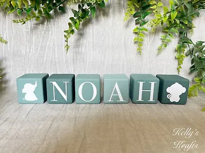 Personalised Wooden Baby Name Blocks Nursery Sign Decor Baby Shower Gift Green • £3.99