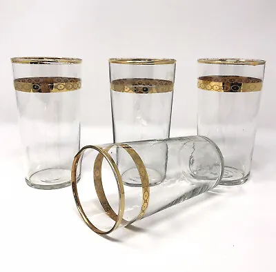 Glass Tumblers Gold Band & Chain Set Of 4 Libbey Barware MCM 5.25”H • $28