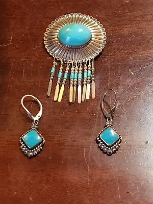 Vtg QUOC Sterling Silver Turquoise Pendant Pin & Earrings Stamped 925 Signed QT • $44.99
