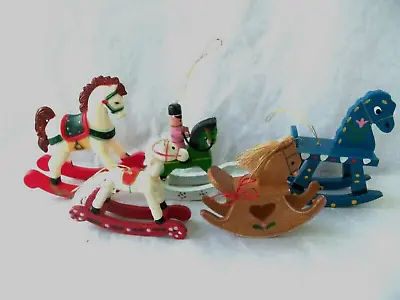 Vtg Rocking Horse Christmas Ornaments Lot!  5!  WOOD!  PLASTIC!  TAIWAN! • $14.98