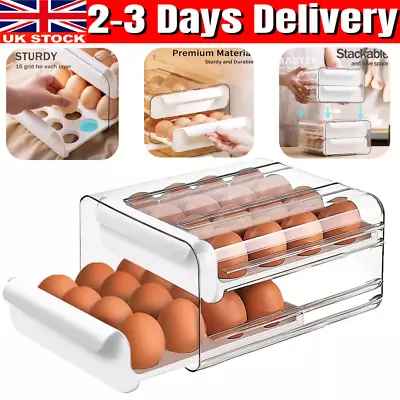 Egg Storage Container Plastic Egg Tray For Fridge For 32 Eggs 2-Layer Drawer • £8.89