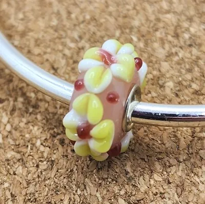 Authentic Yellow Flowers Glass Murano European Charm Bead 925 Sterling Silver • $10.95