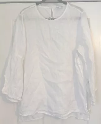 J Jill Love Linen Tunic Top Womens XL White Bell Sleeve Raw Fringe Neck & Sleeve • $25