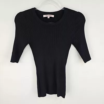 Review Top 8 Knit Black Fitted Ribbed Short Sleeve Ladies Workwear Office • $19.99