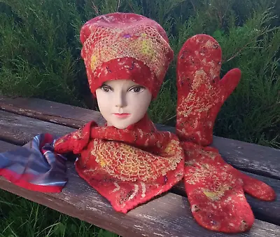 Womens Felted Set Of Hats Beanie Scarf Mittens.coral Felted Set.felted Set As • $185