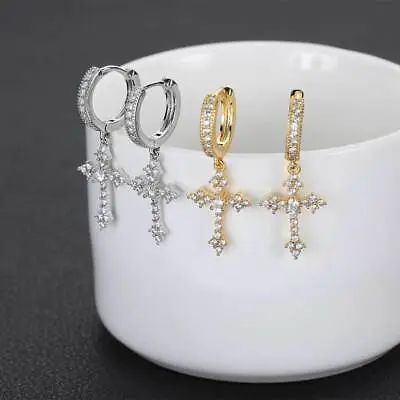 Crystal Hoop Earrings Cross Dangle Surgical Steel Men Women Girls Jewelry Gifts • £5.99