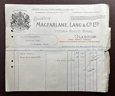 1928 Macfarlane Lang & Co. Victoria Biscuit Works Glasgow Invoice • $6.21