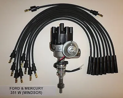 FORD 351W WINDSOR BLACK Small Female Cap HEI Distributor & 8mm Spark Plug Wires • $124.98