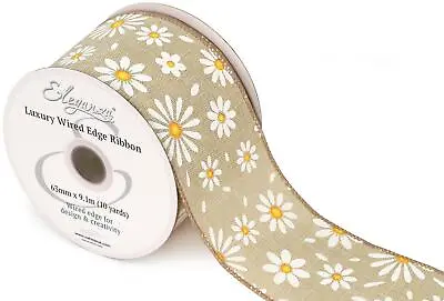 1m 3m Or 9m ~ 63mm Wired Edge Ribbon White Daisies On Natural  Easter • £3