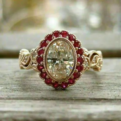 Vintage Art Deco Style Lab Created Diamond & Ruby Engagement Wedding Silver Ring • $70