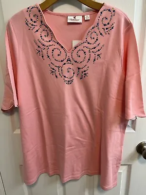 Quacker Factory XL Coral Top Rhinestones At Neck Scalloped Short Sleeve New • $19.80