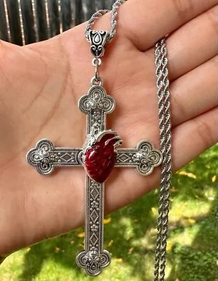 Large Victorian Cross Necklace Chain Silver Religious Gothic Grunch Whimsgoth • $19.98