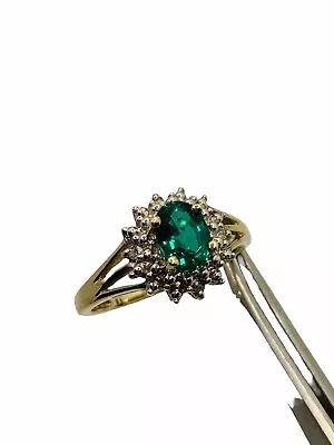 Genuine Solid 9ct  375 Yellow Gold Diamond & Oval Created Emerald Cluster Ring • $290