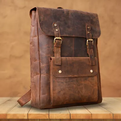 Men's Rustic Handcrafted Genuine Grained Leather Shoulder Rucksack Brown Bag US • $54.99