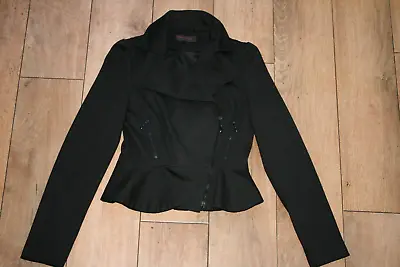 MISS SELFRIDGE Black Jersey Fitted Jacket SIZE 10 Asymmetric Peplum Smart Office • £13.99