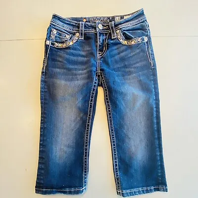 Miss Me Blue Jeans Girls Size 14 Cuffed Capri JK7115P2 Flap Pocket Rhinestone • $12