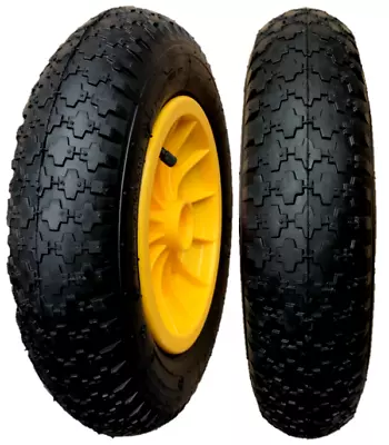 14  Yellow Wheelbarrow Wheel Choose Pneumatic & Puncture Proof Tyre Solid 3.50-8 • £11.99