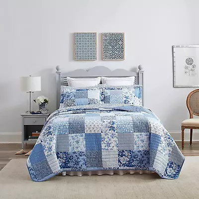 Laura Ashley - King Quilt Set Reversible Cotton Bedding With Matching Shams Fa • £223.69