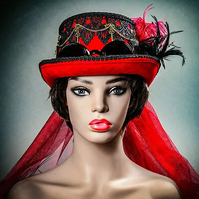 Red Gothic Goggle Women Elegant Party Hat Steampunk Gear W/ Long Lace Feather • $39.90