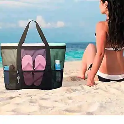 Women Large Mesh Pocket Beach Bag Swimming Tote Foldable Shopping Zipper Handbag • $9.95