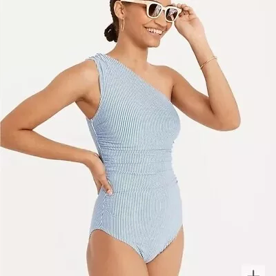 J. Crew Ruched One Shoulder One Piece Swimsuit Seersucker Stripe Size 16 BF120 • $45