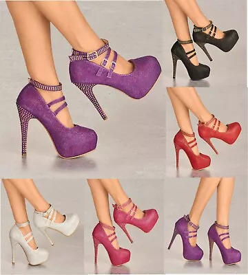£26.99 • Buy Ladies Platform High Heel Sparkly Diamante Stud Buckle Ankle Strap Party Shoes 