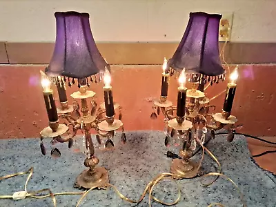 Stunning Pair Of Ornate Brass Candelabra Table Lamp 4 Arm 28 Crystals • $375