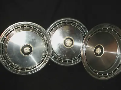 Set Of (3) Vintage Cadillac 16  Hubcaps Crest On Black Center Smooth Face • $35