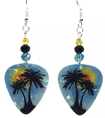 Tropical Island Palm Trees On Guitar Pick Beaded Earrings - Handmade In USA New • $10