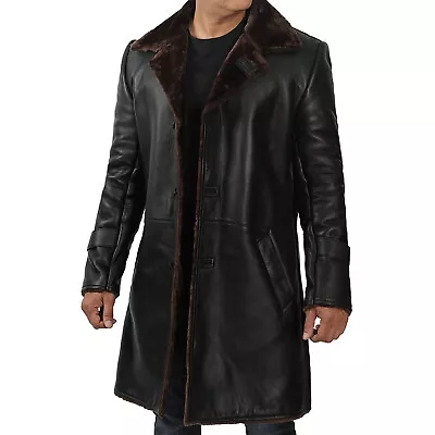 Mens Long Sheepskin Shearling Coat Genuine Leather Fur Long Black Trench Coat • $50