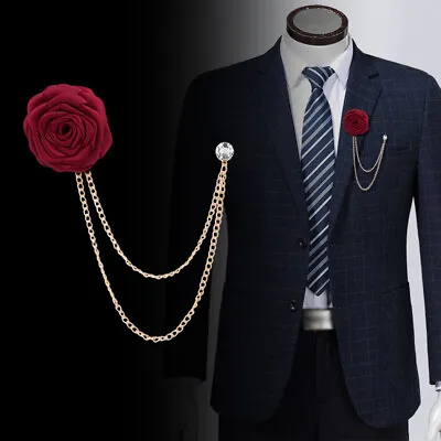 Men Brooch Solid Cloth Rose Flower Lapel Suit Pin Metal Tassel Chain Wedding • £4.30