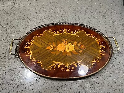 Vintage Marquetry Wood Floral Inlay Brass Handle Serving Tray • $50