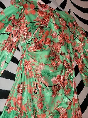 Preen By Thornton Bregazzi Maxi Green Floral Balloon Sleeve Dress Size Medium • $200