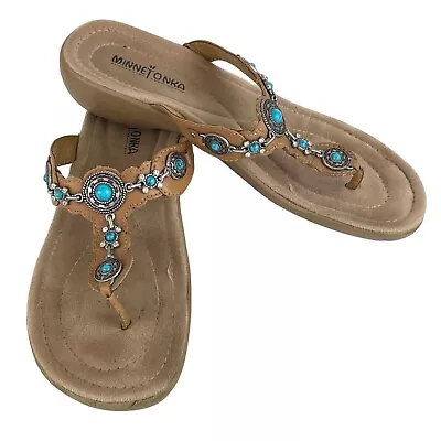 Minnetonka Womens 9 Sandals Brown Leather Turquoise Silver Navajo Flip Flops • $24.99