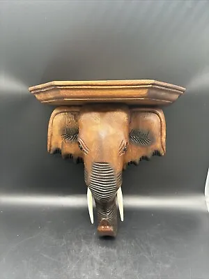 Vintage Large Hand Carved Elephant Head Shelf Made In Thailand Heavy 14” X 14” • $60
