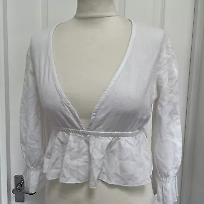 Subdued White V Neck Open Linen Style Blouse Peplum Top Puff Sleeves Size S • £13.99