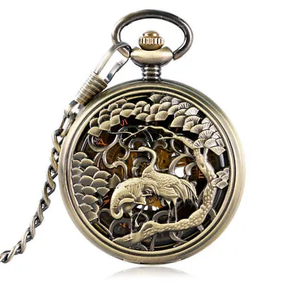 Steampunk Crane Hollow Hand-winding Mechanical Pocket Watch Pendant 30cm Chain • $15.97