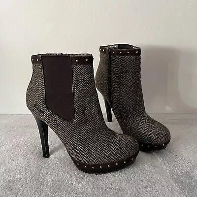 Killah Miss Sixty Y2K Brown Studded Stiletto Heeled Boots Herringbone Size UK 4  • £20