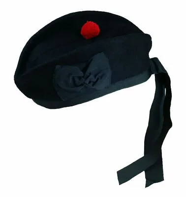 Scottish Piper Hat 100% Wool Black Glengarry Red Pom Kilt Hat Bagpipe Hat • $14.99