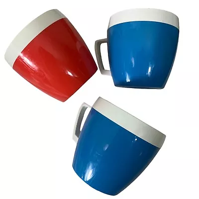 Vintage Thermo Serv Mugs Set Of 3 Camping Dishware Red Blue White 8 Oz Cups • $24.99