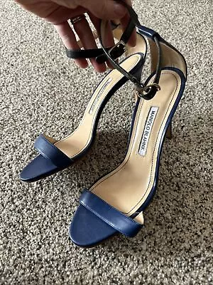 Manolo Blahnik 39.5 Women’s Blue High Heels Pumps (Black Strap) • $200