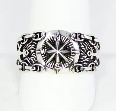 Compass & Anchor 925 Sterling Silver Oxidized Ring 6.56 Grams Size 10 11 12 • $39.56