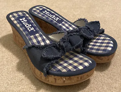 Mudd Pookie Blue Canvas Platform Cork Wedge Heels Sandals Women’s 8.5 • $9.95