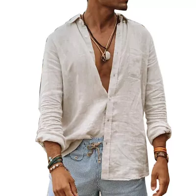 ✿Mens Casual Cotton Linen Shirt Long Sleeve Loose Blouse Button Down Shirts Tops • $15.08