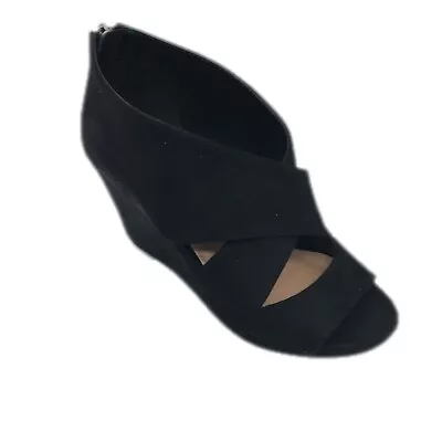 Michael Antonio Anie Womens Open Toe Casual Suede Black Wedge Heels Size 6 • $24.99
