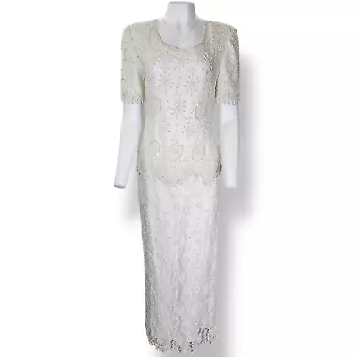 Vintage Scala Formal Dress Off White Wedding Beaded Lace Scalloped Maxi Size L • £57.90